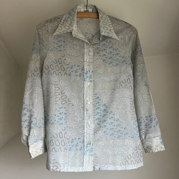Vintage Vera Newmann semi sheer 70s dagger collar button up blouse top Medium - Picture 1 of 5